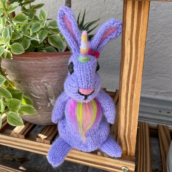 Hand crafted knit and needle felted unicorn magical  bunny rabbit stuffed animal - Picture 8 of 10